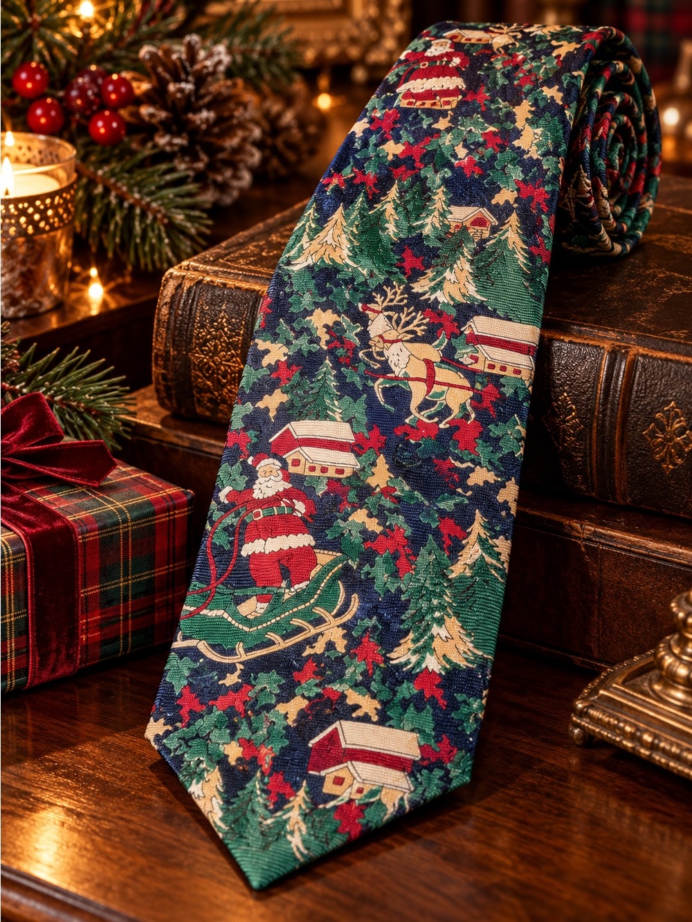 Wembley Christmas Tie Mens 100% Silk Santa Sleigh Reindeer Made USA Holiday